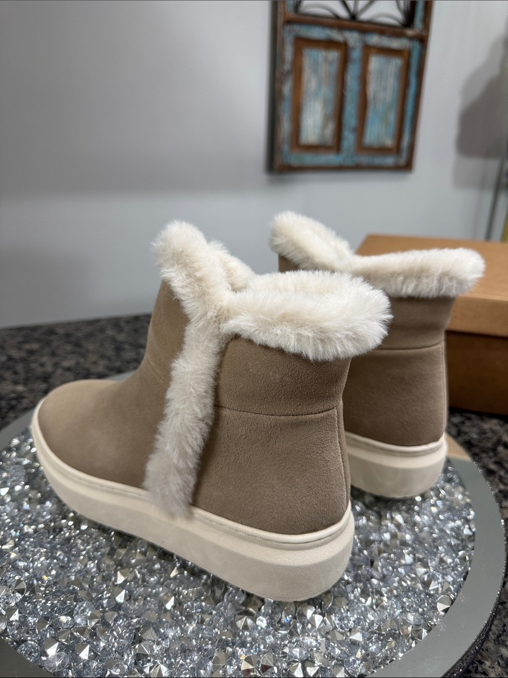 Marc Fisher Foggie Taupe Suede and faux fur Trim Ankle Boots NEW 7.5 - Picture 7 of 14
